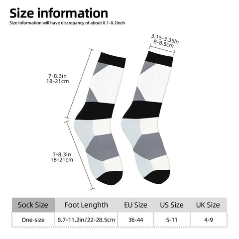 Upgrade Your Fit With Black And White Piano Grid Print Socks For Men And Women Moisture Wicking Polyester Crew Socks size chart, one-size fit.