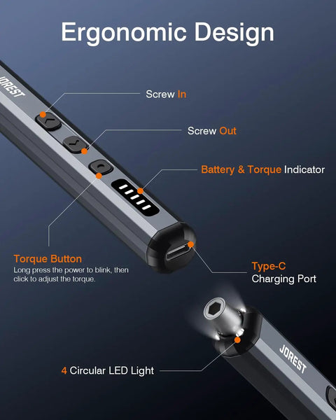 Cordless Precision Mini Electric Screwdriver Kit With 38 Magnetic Bits showing ergonomic design, buttons, and Type-C port