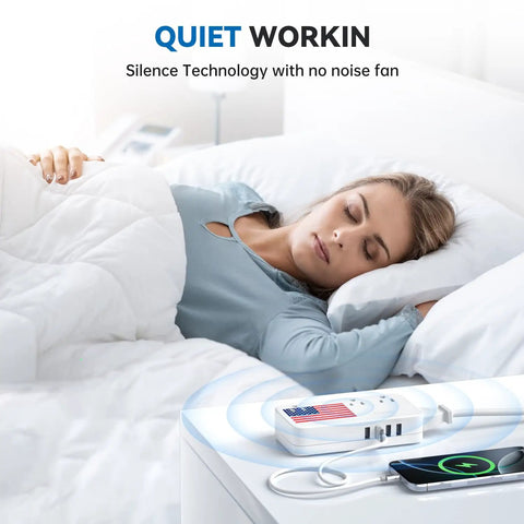 Woman sleeping peacefully with Must Have Ultra Power 2200W 220V to 110V Travel Converter For European Trips With USB Ports on nightstand.