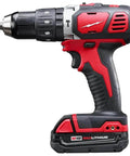Beefy Compact Cordless Hammer Drill And Driver Kit With Half Inch Chuck And Frameless Motor showing side view with red and black design.
