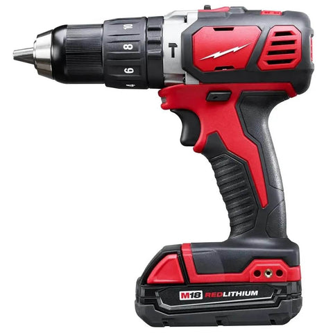 Beefy Compact Cordless Hammer Drill And Driver Kit With Half Inch Chuck And Frameless Motor showing side view with red and black design.