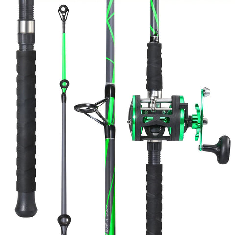 Progressive Glass Fishing Rod and Reel Combo 7ft Medium Heavy for Catfish Salmon and Steelhead, Green Right Handed Reel