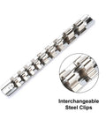 Low Profile Impact Triple Square Socket Set With Storage Rail, interchangeable steel clips detail