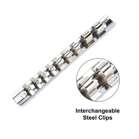 Low Profile Impact Triple Square Socket Set With Storage Rail, interchangeable steel clips detail