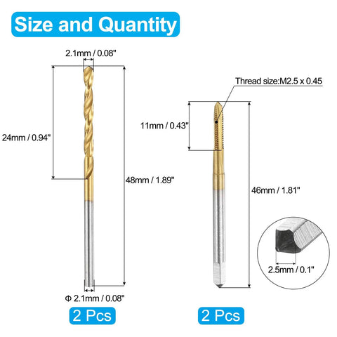 DIY Friendly M2.5 x 0.45 Tap And Drill Bit Set With Two Spiral Point Thread Taps And Two 2.1mm Drill Bits Titanium Coated HSS 6542 Tapping Tool Kit shown in size and quantity chart
