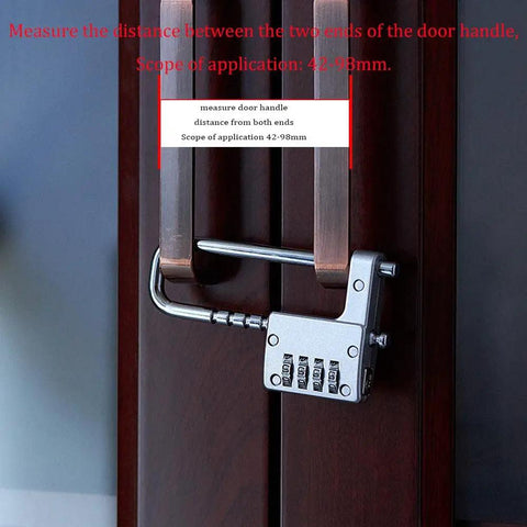 4 Digit Combo Padlock With Two Point Five Inch Wide Body And Three Eighths Inch Stainless Steel Retractable Shackle on Door Handle