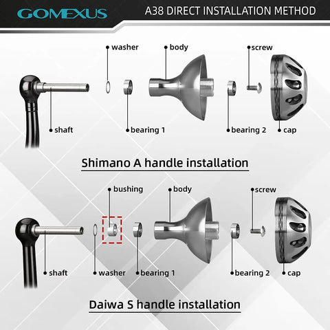 Diagram of Power Knob Upgrade for Shimano and Daiwa Reels showing installation method with labeled parts.