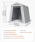 Diagram of heavy-duty portable outdoor storage shed tent 6x8x7 ft with roll-up zipper door, vent panels, gray PE cover, galvanized frame.