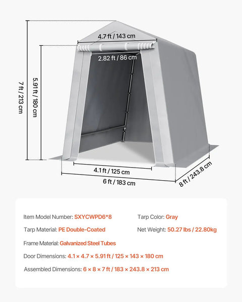 Diagram of heavy-duty portable outdoor storage shed tent 6x8x7 ft with roll-up zipper door, vent panels, gray PE cover, galvanized frame.