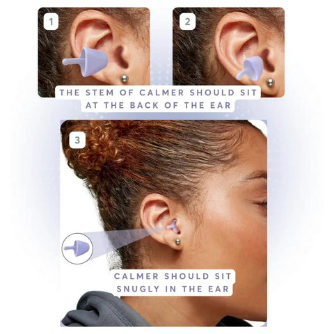 Calmer Noise Reducing Ear Plugs Alternative For Stress Free Focus And Travel, silicone mini purple ear plugs in use