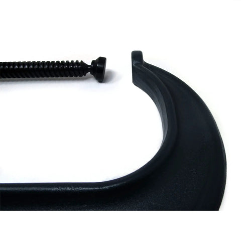 Close-up of Beefy Heavy Duty C Clamp With Twelve And A Quarter Inch Opening And Six And A Quarter Inch Throat Providing 9300 Lb Clamping Force Model 412, showing ACME rolled spindle and V grooved anvil.