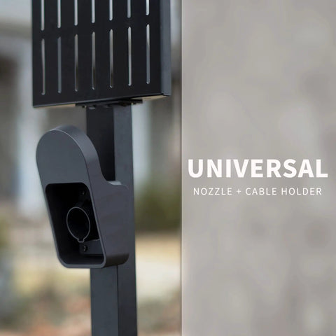 Ride-Ready Outdoor EV Charging Pedestal Housing a Tough Steel Hood shielding plug-in with black universal nozzle and cable holder.