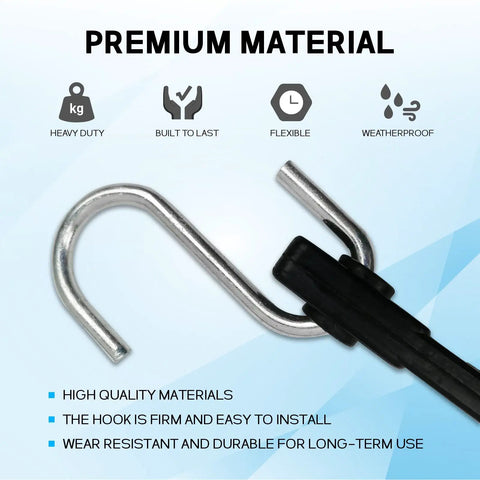 Close-up of S-hook on 15 Inch EPDM Bungee Tarp Straps 10 Pack With 150 Percent Stretch, Heavy Duty S Hooks Cords for Tarps, Cargo