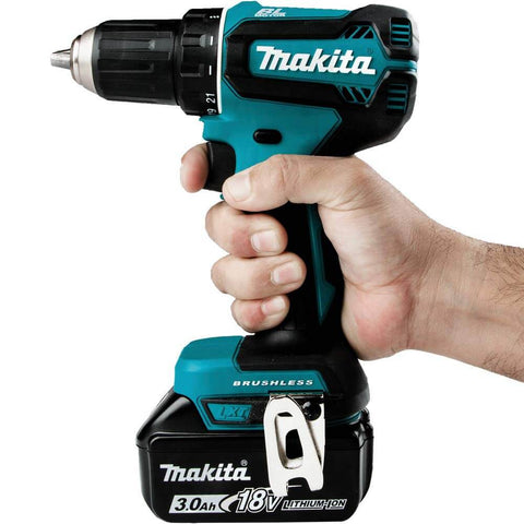 Person holding 18V LXT Brushless Cordless Half Inch Drill Driver Kit With 3.0Ah Battery, Variable Speed, Two Speed Transmission 0-500 And 0-1900 RPM, Delivers 440 Inch Pounds Max Torque, Your Go To Tool For Drilling And Fastening