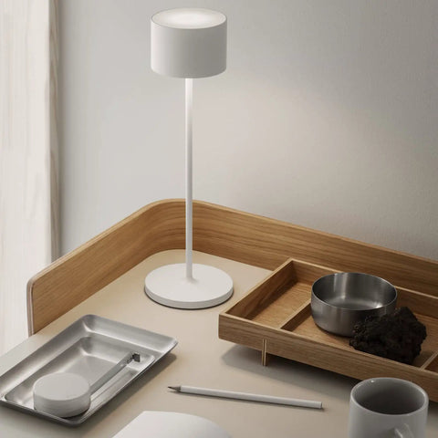 Super Sleek Portable LED Lamp In Warm Gray on desk, battery powered, minimalist design, perfect for home or desk, timeless modern vibe