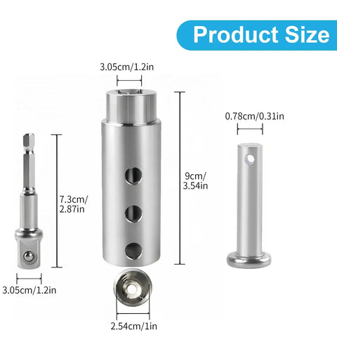 Product size image of Ditch Elbow Grease, Hardcore Stainless Steel Trailer Jack Drill Adapter For One Inch Drive Shaft with dimensions.