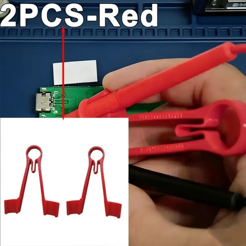 10-Piece Universal Meter Probe Tweezers Stand For Multimeter Testing, Hands-Free Probe Holder Clamp For Wires, Precision Tool Set For DIY Electronics, Black, red probe clip on PCB