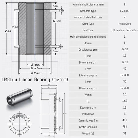 Technical diagram of Black Chrome Plated Linear Bearing 8x15x45mm for 3D Printer Prusa I3 Mk3S upgrades, showing dimensions and specs.