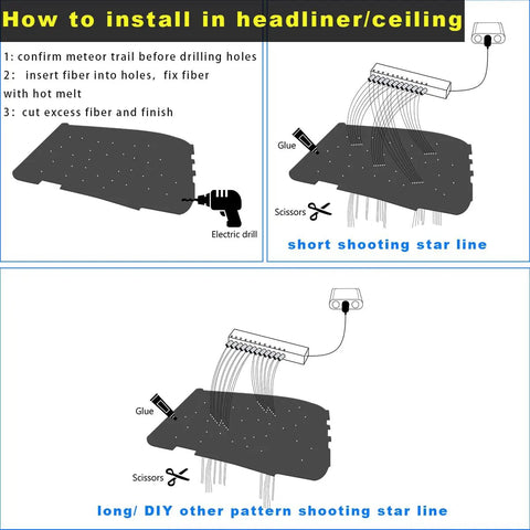 Installation guide for Massive Meteor Shower Fiber Optic Lights Kit With 96 Fiber Cables 13.1 Feet Long And 12 Port Meteor Engine 0.04 Inch Fibers Pure White Shooting Stars Bluetooth And RF Remote 20 Modes For Home Theater Party And Stage Decor