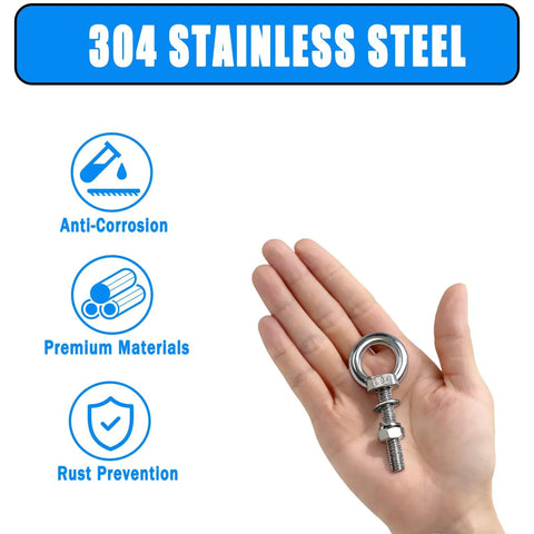 5 Pack M8 Stainless Steel Eye Bolts With Hex Nuts Flat And Spring Washers 30mm, 304 stainless steel eye bolt in hand