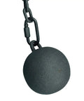 Close-up of Black Cast Iron Cannonball Weight Automatic Gate Closer With 5-Foot Galvanized Chain for Outdoor Gates detail.