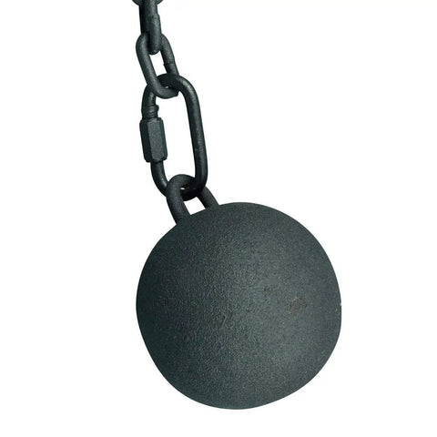 Close-up of Black Cast Iron Cannonball Weight Automatic Gate Closer With 5-Foot Galvanized Chain for Outdoor Gates detail.