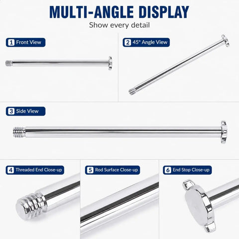 Multi-angle views of Counterweight Rod For Telescope 12mm By 21cm 8.3in Metal Balance Shaft with threaded tip and end stopper.