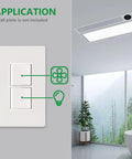 Two In One Duplex Rocker Combination Switch 4 Pack 15A 120V Decorator Double Light Switch Space Saving Stack Switch For Fan And Light Control UL Listed White Finish installed view with application diagram for fan and light.