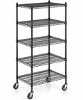 Rock Solid Five Tier Industrial Grade Mobile Wire Shelving Cart With Slick Black Epoxy Coating And Smooth Rolling Locking Casters for heavy-duty storage, 24 x 30 inches.