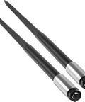 Two black Beefy 49 Inch Hay Bale Spear Spike With Quick Attach 4000 Lb Capacity Square Bale Forks with hex nuts and sleeves.