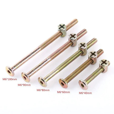 M6 X 60mm Barrel Bolt Nuts Heavy Duty Cross Dowel Connectors Thick Galvanized Steel Hardware displayed with other sizes.