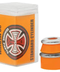 Standard Cylinder Bushings For Skateboard Trucks, Orange 90A Medium, Ultra High Rebound Urethane with container and washers visible