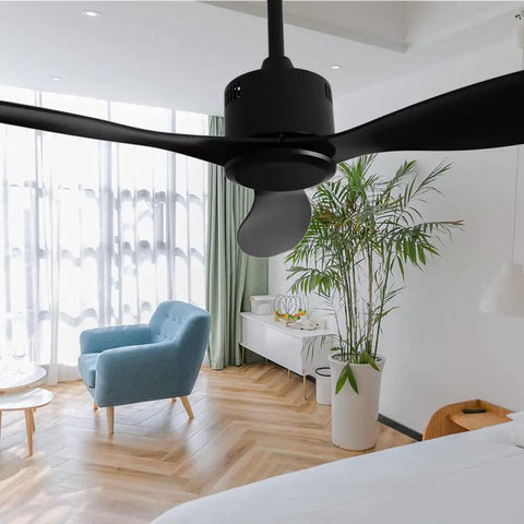 52 Inch No Light Ceiling Fan With Remote Control Low Profile White Finish 3 Blades Modern DC Motor in a living room