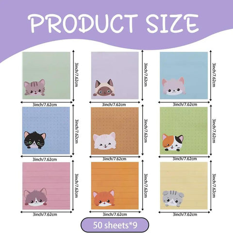 Cat Themed Sticky Notes 9 Pack 450 Sheets Lined Post It Notes with cat designs, size 3 inch/7.62 cm, for office or school use.