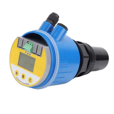 Front view of Ultrasonic Water Level Sensor With LCD Display, 4-20mA Output, DC24V, 0-10m Range, Blue Housing, industrial use