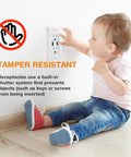 USB Electrical Wall Outlet With Visible LED Indicator And Tamper Resistant Build For Home Office Featuring Rapid Charge Ports And White Face Plate Included, shown being touched by a toddler.