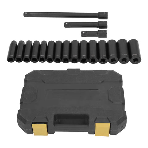 Ditch The Old Kit And Grab This 18 Pcs Drive Socket Set For Real Auto Repairs. Heavy Duty Steel Hex Sockets Range From 10 To 24mm Plus Extension Rods And A Nifty Storage Box For Every Tool Lover Ready For Some Serious Work. 10-24mm sockets, 3 extension rods, case
