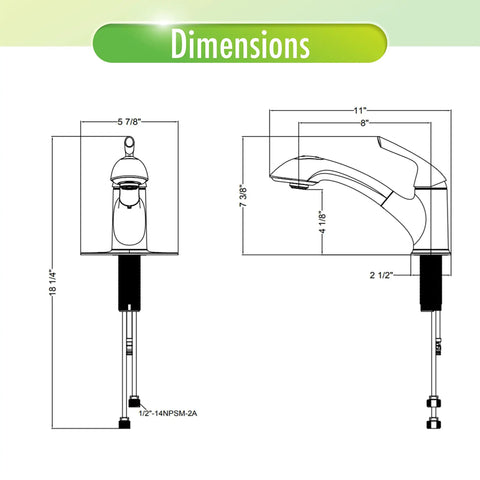 Dimensions diagram of Pull-Out Laundry Faucet With Single Handle, 4.0 GPM Flow, Deckplate Included, Universal 1 Or 3 Hole Install, Matte Black Finish