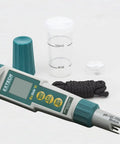 Waterproof ExStik II pH and Conductivity Meter with caps and solutions, featuring high accuracy sensor for various measurements.