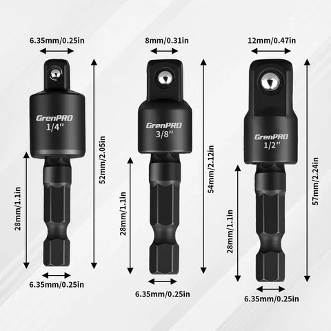 Flexible Drill Bit Extension Set Four Piece With 1/4 To 1/2 Inch Socket Adapters showing sizes and dimensions on white background