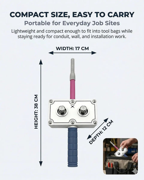Drill Powered 2 In 1 Wire Puller And Feeder With Brushless Motor size and portability features shown for quick cable runs.