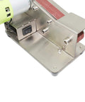 Heavy Duty Mini Belt Sander Featuring Hella Fast Seven Speed Settings And Rock Solid 15 Degree Fixed Angle For Smooth Wood Metal And Stone Grinding Tasks close-up of motor and switch.