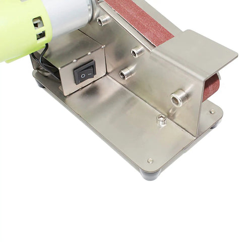 Heavy Duty Mini Belt Sander Featuring Hella Fast Seven Speed Settings And Rock Solid 15 Degree Fixed Angle For Smooth Wood Metal And Stone Grinding Tasks close-up of motor and switch.