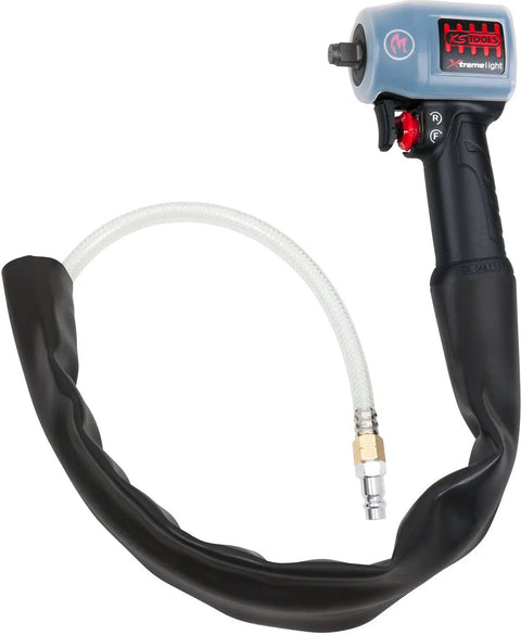 Pro Shop Essential 1/2 Drive Pneumatic Impact Wrench with flexible hose, ergonomic grip for auto mechanics.