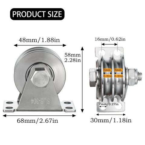Heavy Duty Double Groove Cable Fixed Pulley Block With Built-In Bearings In Stainless Steel, dimensions shown