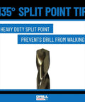 135° Split Point Tip designed for Hard As Nails M35 Five Percent Cobalt Drill Bit Set, enhances precision and prevents walking.