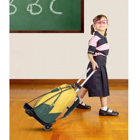 Child using Folding Luggage Cart With 88 Lb Load Capacity Lightweight Durable Aluminum Alloy Frame Travel Trolley for easy maneuvering.