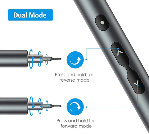 28 In 1 Cordless Electric Screwdriver Kit With 24 Bits Mini Pro Grade Power Precision Tool showing dual mode buttons
