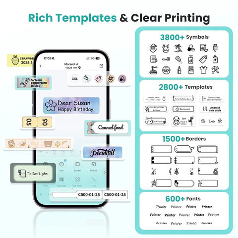 No Sweat Bluetooth Mini Label Maker With Compact Thermal Printer And Smooth App Connections Delivers Ultra Crisp German Engine Prints for various label templates on screen.