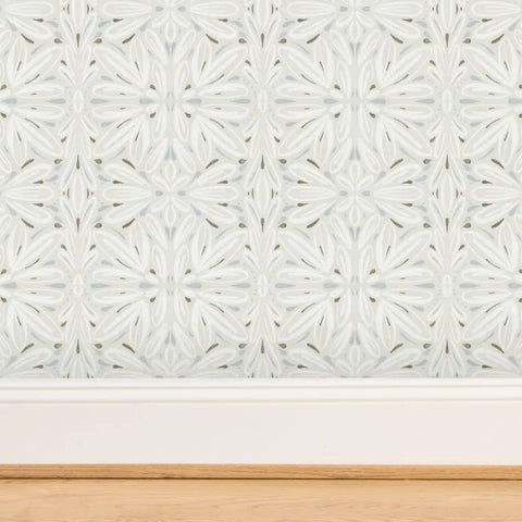 Workhorse Symmetrical Wallpaper With Pvc Free Type Ii Rating And Matte Texture Boasting Sturdy Linen Vibes For Busy Kitchens Bathrooms And Commercial Spaces Using Paste To Paper Installation, showing beige floral design.